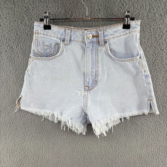 ZARA Light Wash High Rise Frayed Hem Denim Shorts Size 2 - Picture 1 of 8